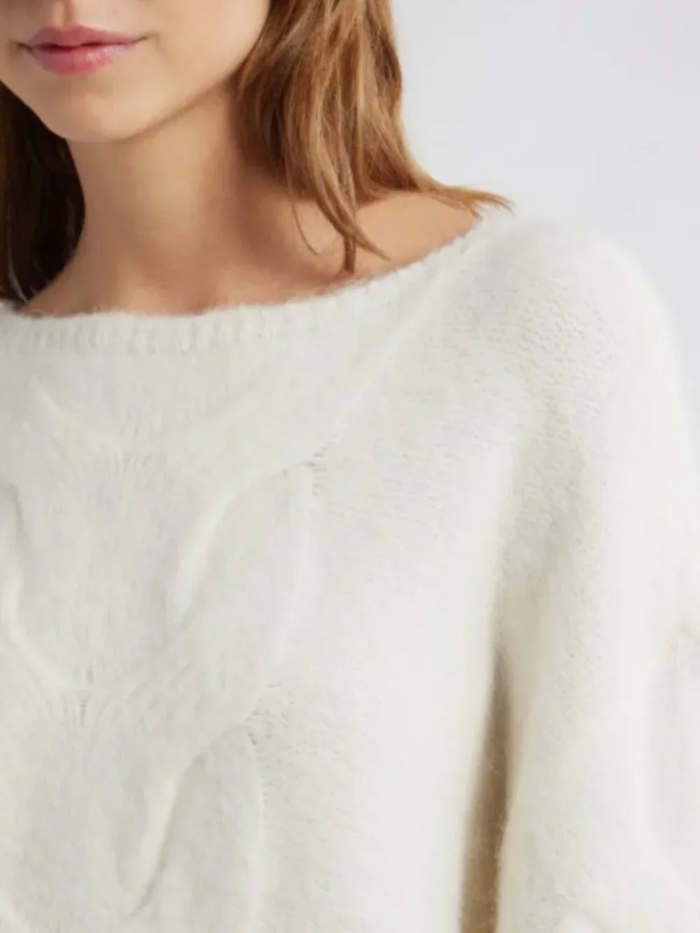 Open Edit Oversized Cable Boatneck Sweater – Size XS (Ivory)